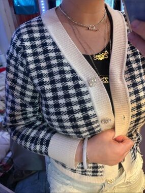 Classic Houndstooth V-Neck Cardigan Sweater navy and cream with crystal buttons